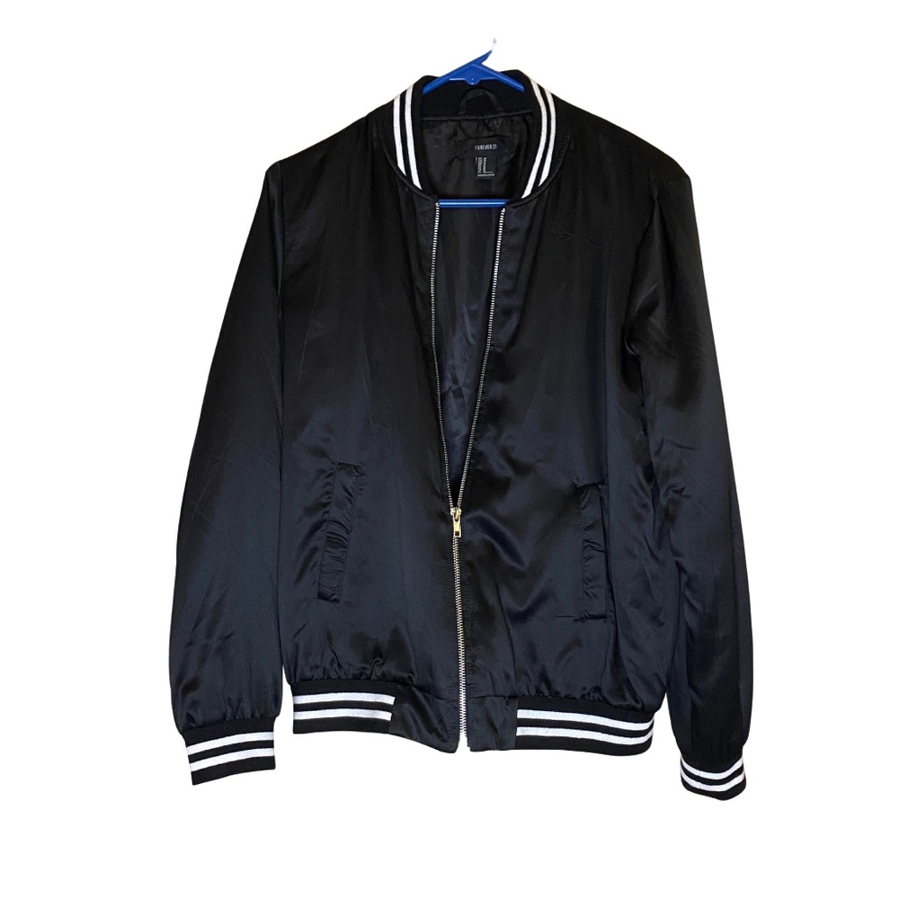 Forever 21 Black Bomber Jacket with White Stripe Trim